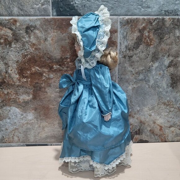 VTG Porcelain Doll Green Eyes Blue Satin Dress White Lace Trim Matching Bonnet - Picture 11 of 14